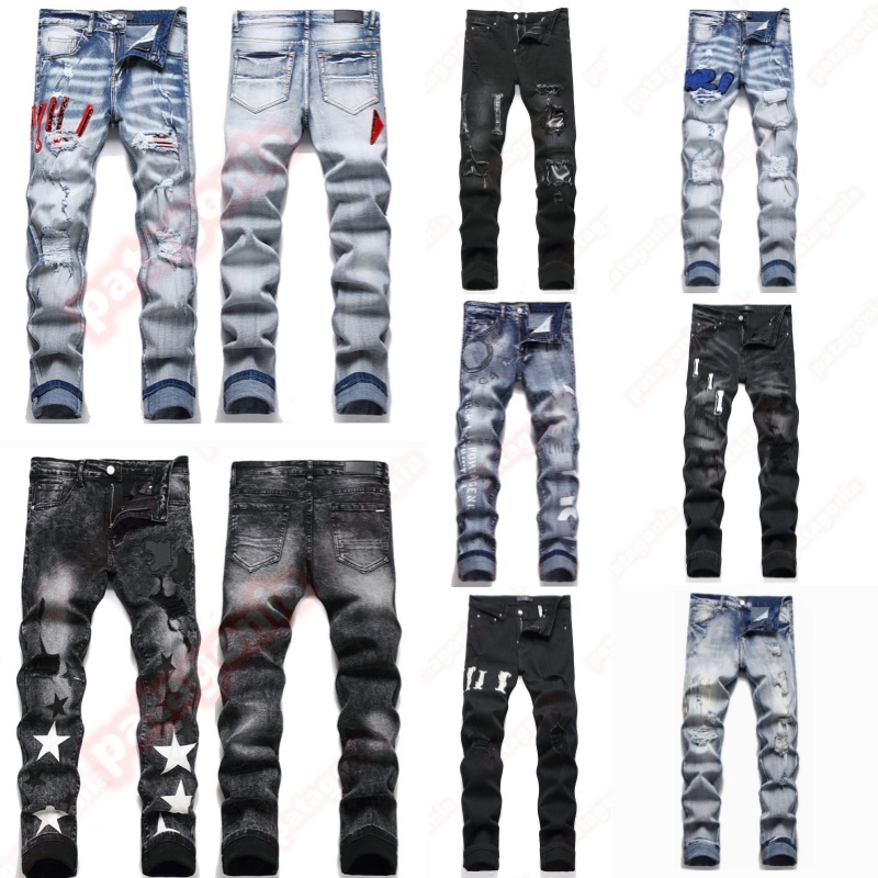 Mens Designer Jeans Fashion Men Jeans European America Style Jean Streetwear Letter Embroidery Pants Patchwork Ripped For Motorcycle Pant Mens Skinny Jeans