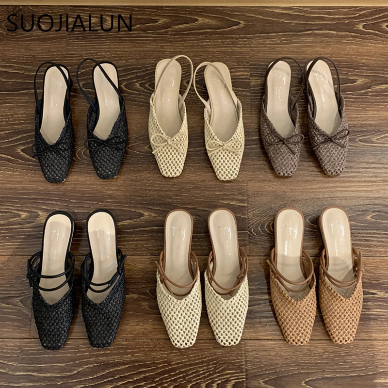 SUOJIALUN Summer Women Slip On Mules Shoes Fashion Cane Weave Ladies Sandal Shoes Square Low Heel Outdoor Casual Slipper 250321