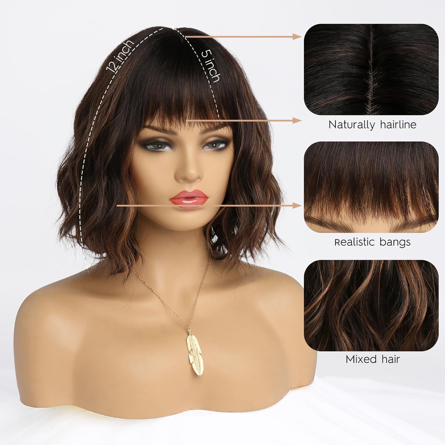 Short Brown Highlight Wigs for Women Ombre Dark Brown Mixed Gold Wig Highlights with Bangs Medium Length Synthetic Hair Wavy Bob Wig Colorful Wigs