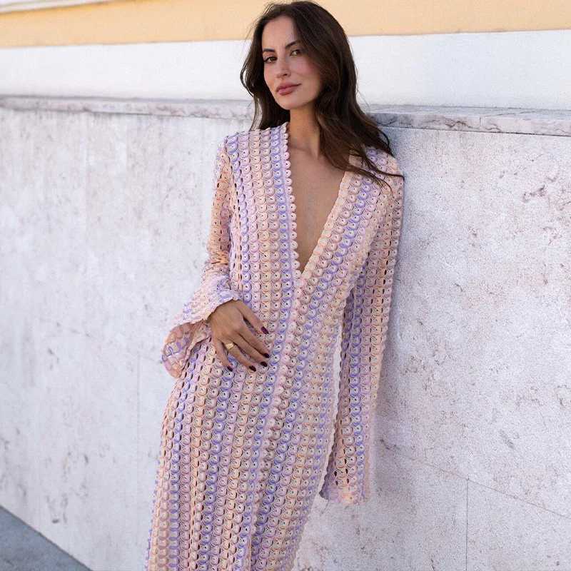 Crochet Colorful Stripe Flare Sleeve Maxi Dress Women V-neck High Split Sexy Lace Long Dresses New Beach Banquet Dresses M250304