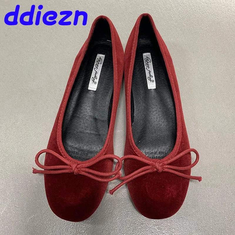 Red Fashion Silk Footwear Women Ballet Flats Shoes Shallow Female Round Toe Butterfly-Knot Ladies Flats Slides Shoes 250322