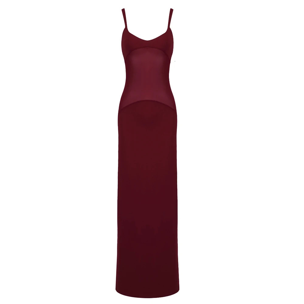 Summer fashion mesh Burgundy See Through Patchwork long dress without back tight Maxi Bodycon cocktail party wearing vest 250320