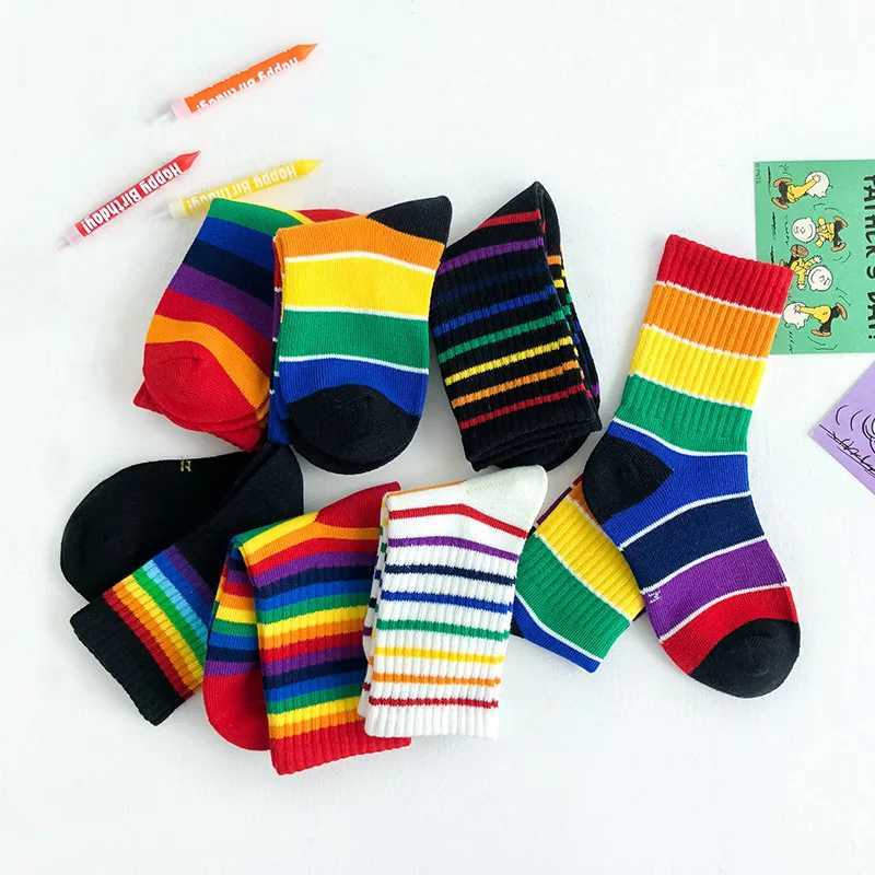 1 pair of rainbow socks suitable for children spring and summer colorful stripes breathable cotton for girls and boys tube socks school principal sock