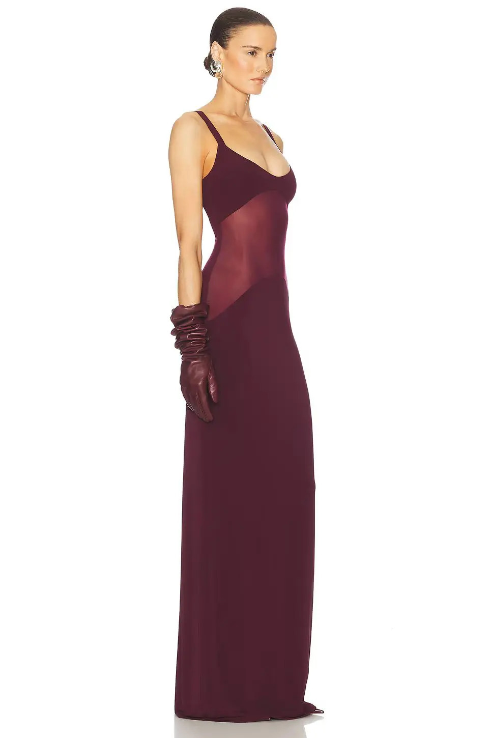 Summer fashion mesh Burgundy See Through Patchwork long dress without back tight Maxi Bodycon cocktail party wearing vest 250320