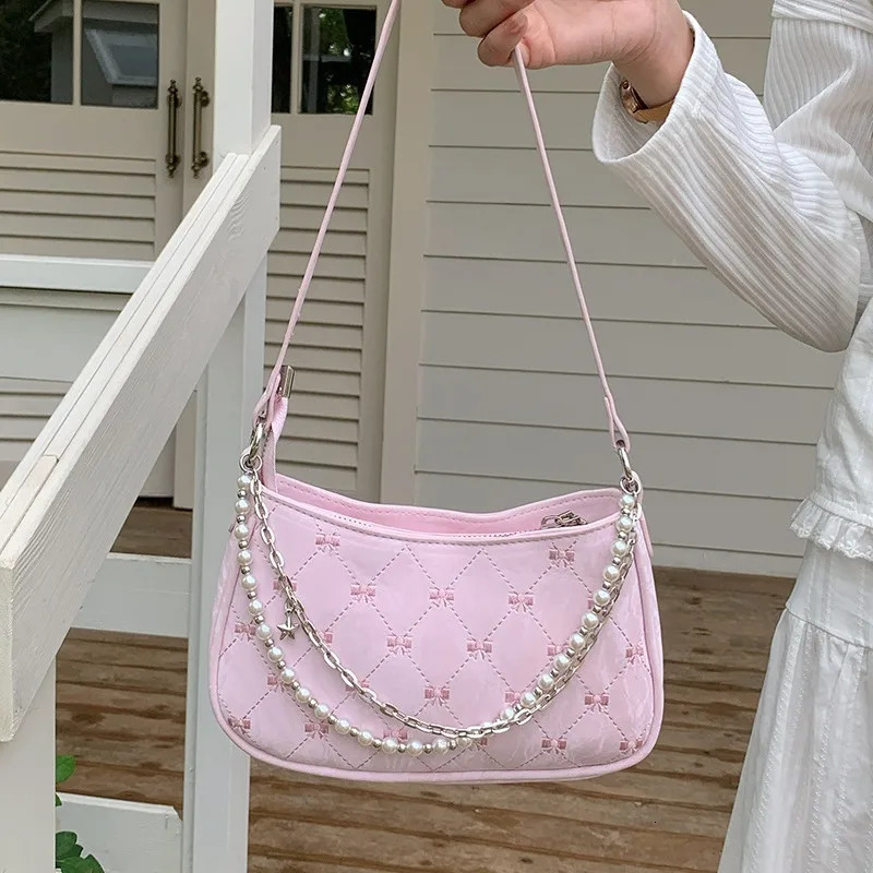 Pink Womens Shoulder Bag Elegant Cute Bow Pearl Chains Bow Embroidery Handbag Casual Leather Korean Fashion Female Handbag 250320