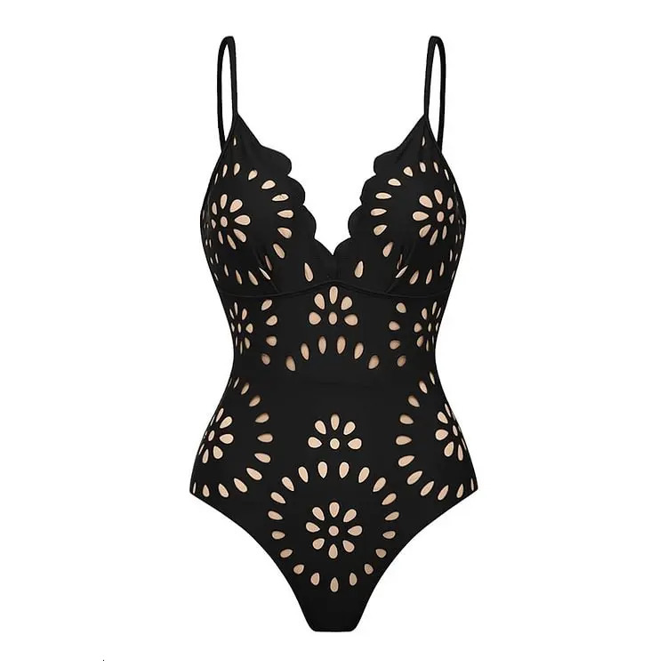 Flaxmaker Women One Piece Swimsuit and Skirt Black Laser Cutting Flower Hollow Swimwear Summer Deep V Neck Bathing Suit 2025 250322