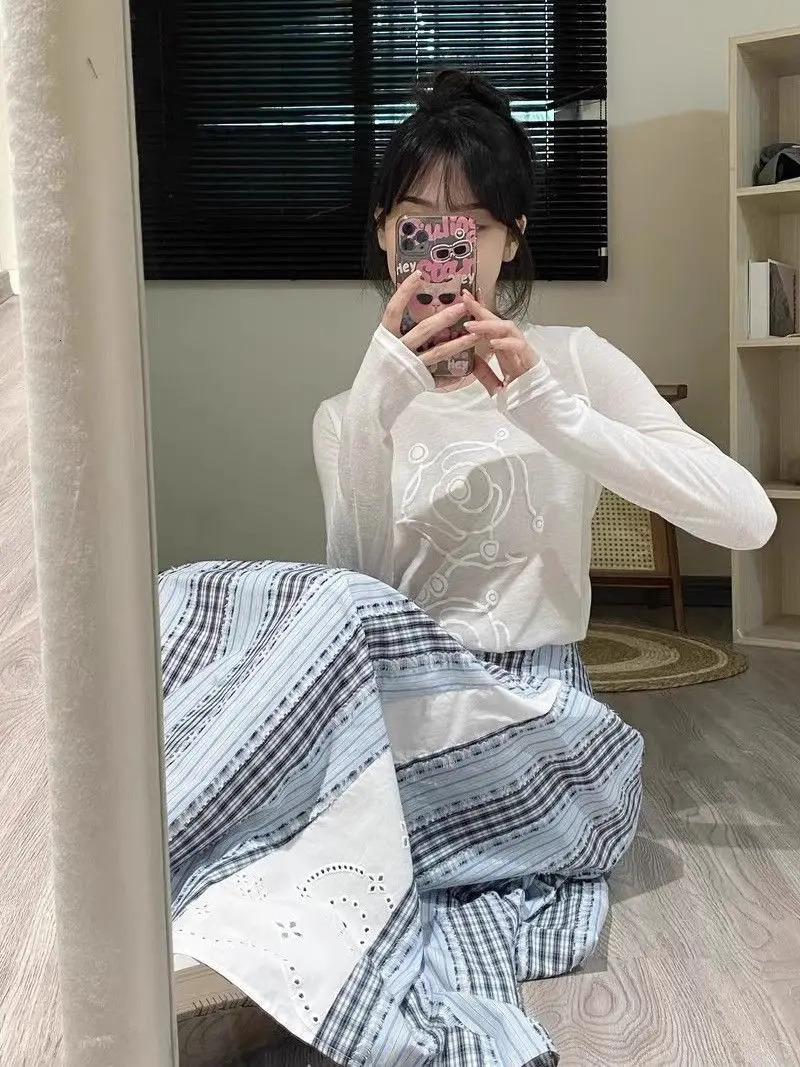 Wedbleser Sweet Printed Patchwork Striped Midi Skirt Womens Summer Casual Style High Waist A-line Long Skirts 250319