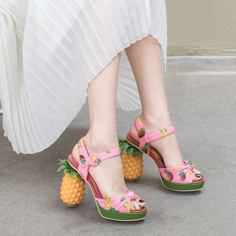 Phoentin pineapple high heels buckle strap sandals pink printed Peep-Toe Pumps summer platform shoes women novelty FT919