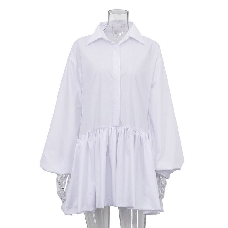 Womens 2023 Autumn New Solid Color pleated Skirt with Collar and Bubble Sleeve Shirt Dress for Women 241218