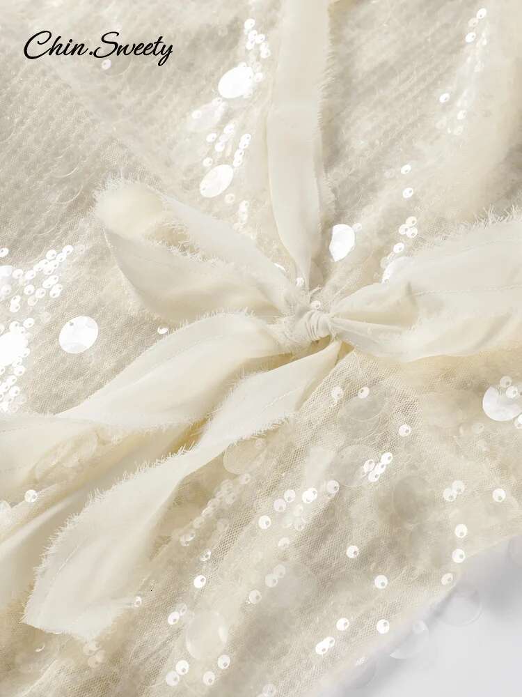 hoodie Elegant Lace Up Sequins Coat Women Shining V Neck Long Sleeves Loose Jacket 2025 Spring Summer Lady High Street Cardigan Tops jacket