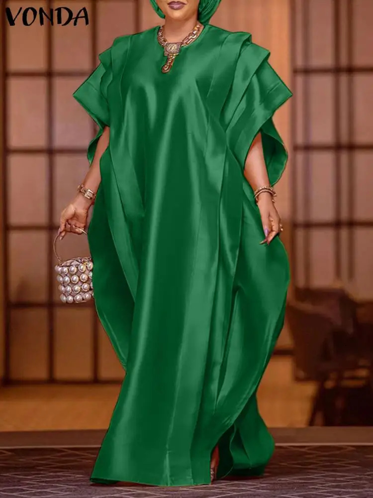 VONDA oversized womens long skirt elegant short sleeved pleated satin party dress casual loose solid color summer outfit 250320
