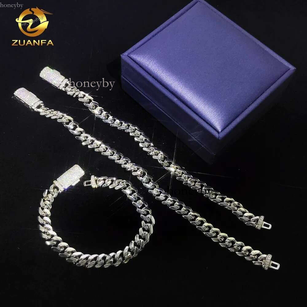 Zuanfa VVS Moissanite Dia Clasp 8mm Wide Solid Sier Cuban Chain White Gold Plated Mens Hip Hop Fashion Necklace Bracelet