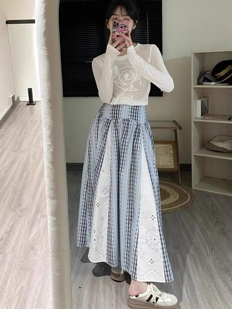 Wedbleser Sweet Printed Patchwork Striped Midi Skirt Womens Summer Casual Style High Waist A-line Long Skirts 250319