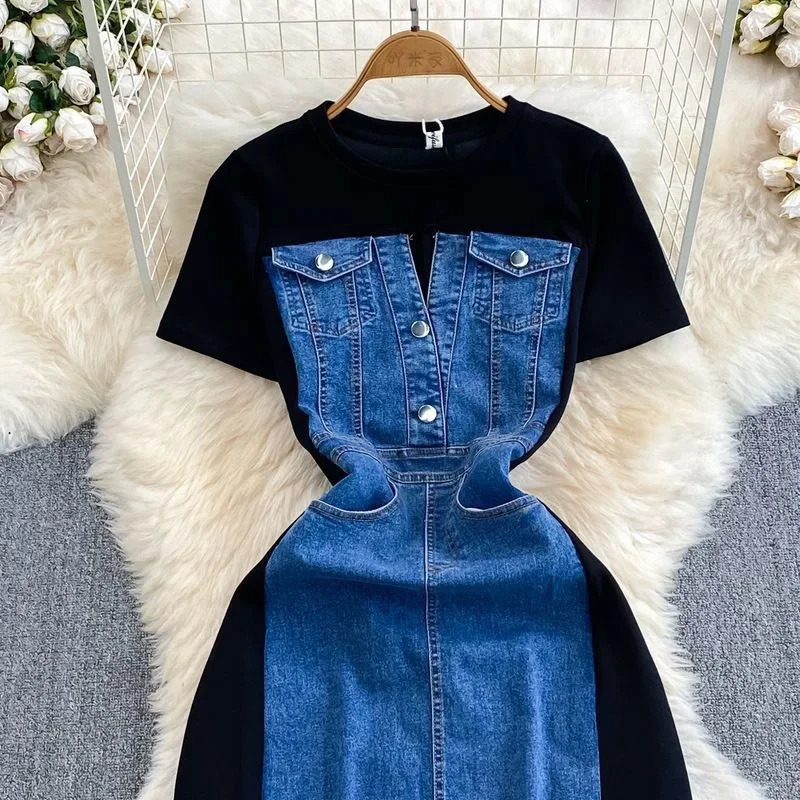 Korean style elegant short sleeved round neck slimming denim splicing A-line casual T-shirt dress 250318