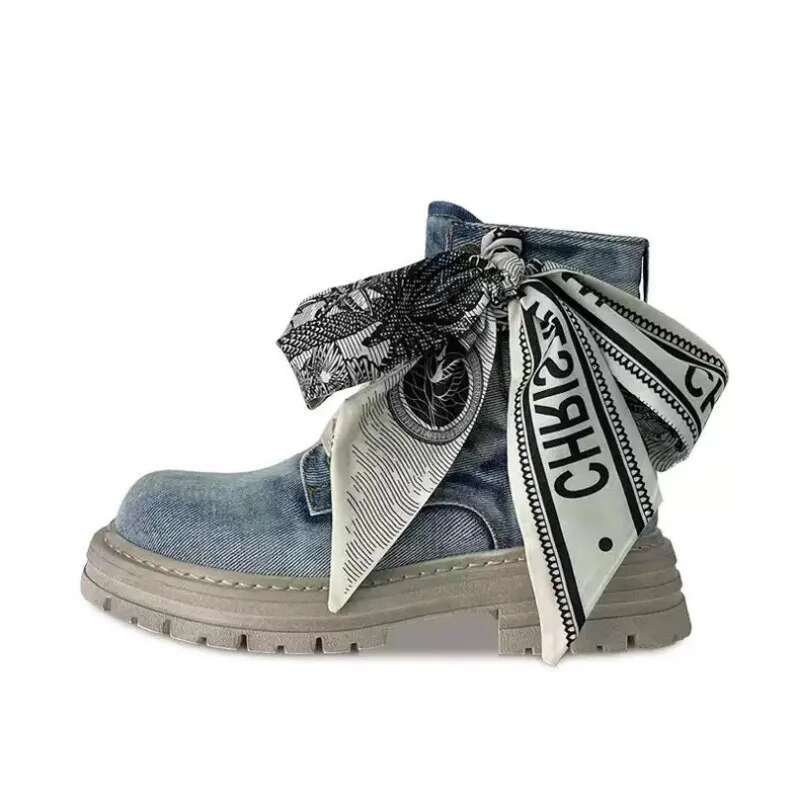 2025 New Women's Summer Collection Thick Bottom Cowboy Bow Tie Ankle Boots Designer Fashion Style Enhancement Anti slip Canvas Shoes Trendy Casua