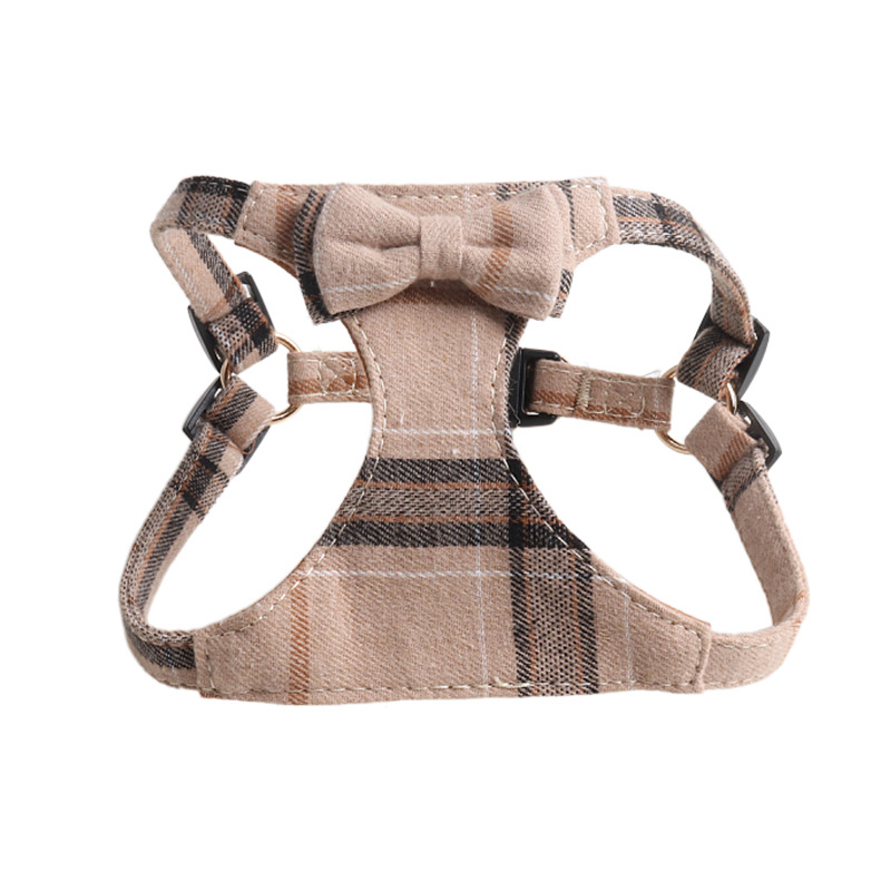 Dog Harness Leash Set with Bow for Small Dogs, British Plaid Lined with Suede Material No Pull Dog Step in Adjustable Dog Harness Set for Walking, Run