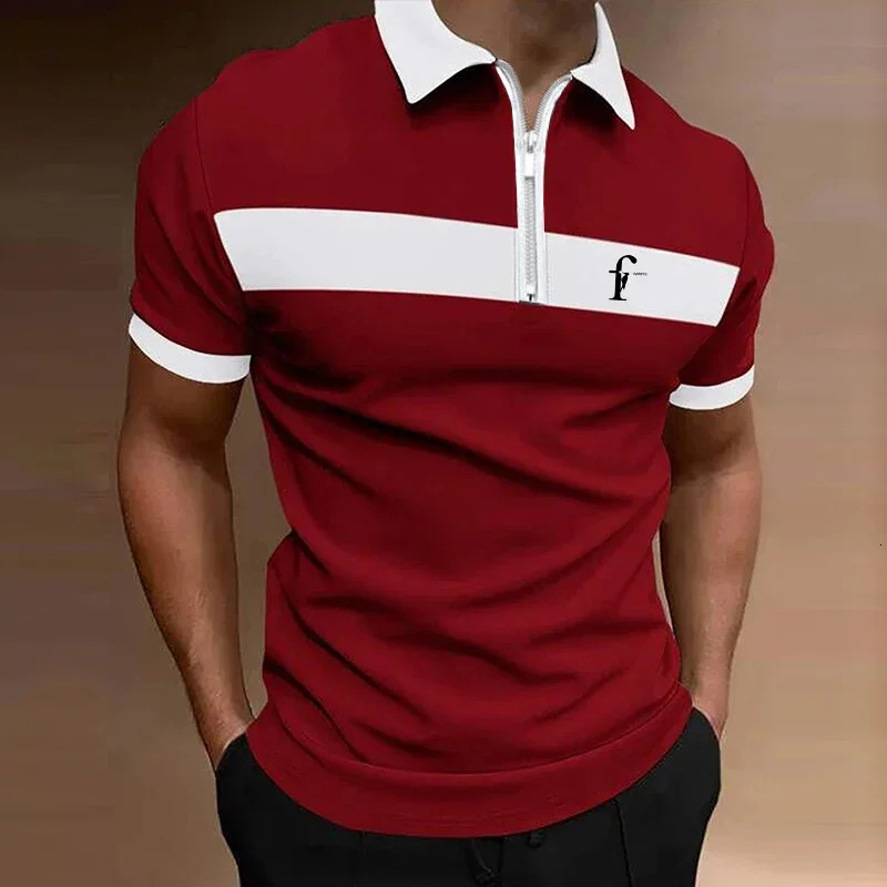 Mens Summer Slim Fit Short Sleeve Lapel Polo Shirt My Business Casual Zipper Clothes Sport Tops 250311