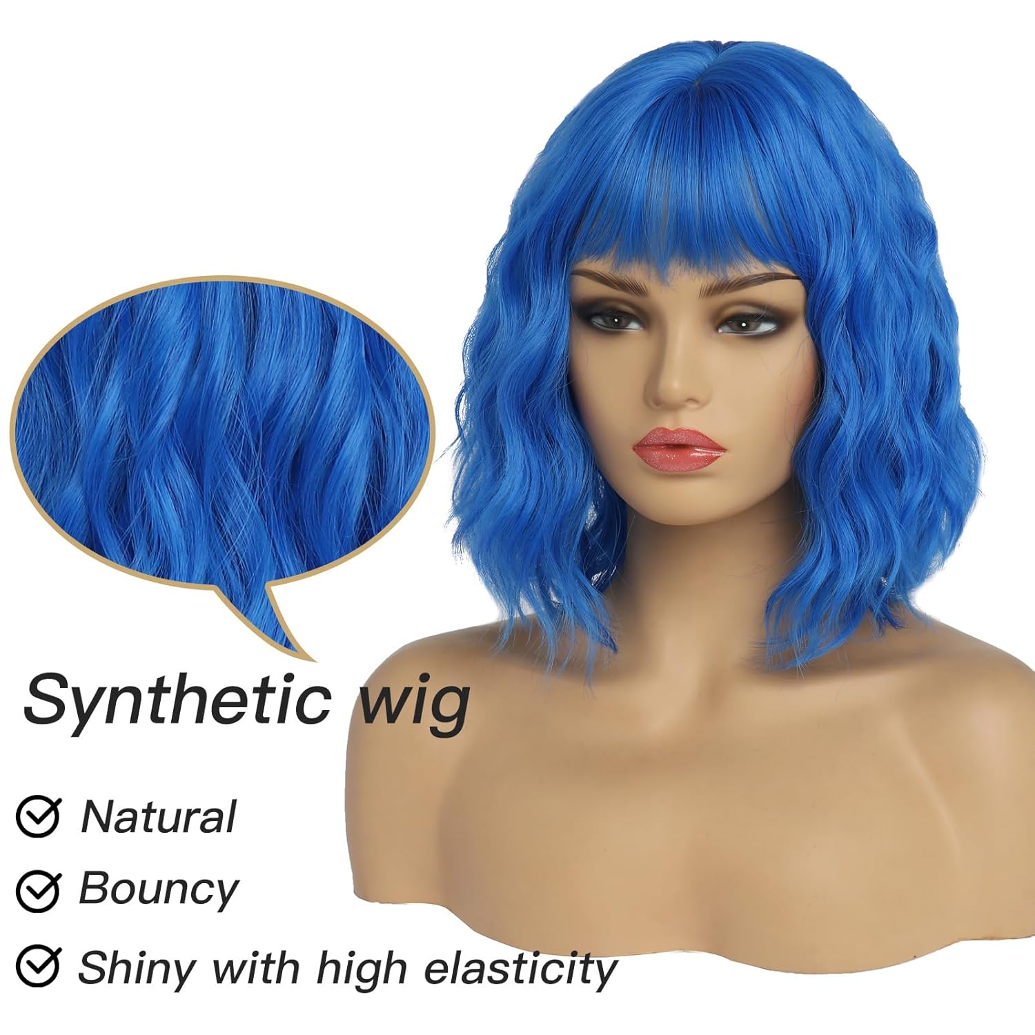Short Blue Wigs for Women Blue Wavy Bob Wig with Bangs Medium Length Synthetic Hair Water Wave Dark Roots Wig Gray Colorful Wigs