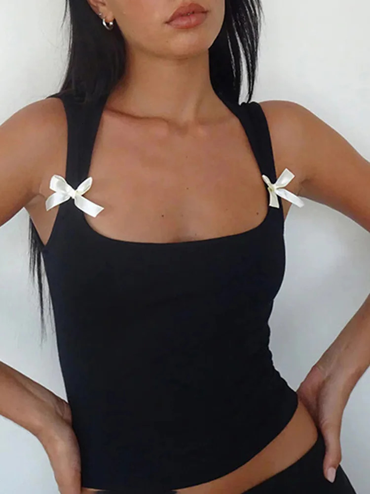Y2K WomenS Bow Tie-Up Tank Tops Wide Shoulder Straps Bandage Camisole Sexy Low Cut Crop Tops Female Vest Tops 250322