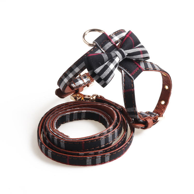 New Product K-shaped Bowknot Dog Harness Set with Two Adjustable Metal Buckles Portable Small Dog Harness, PU Leather Classic Plaid Puppy Harness and 