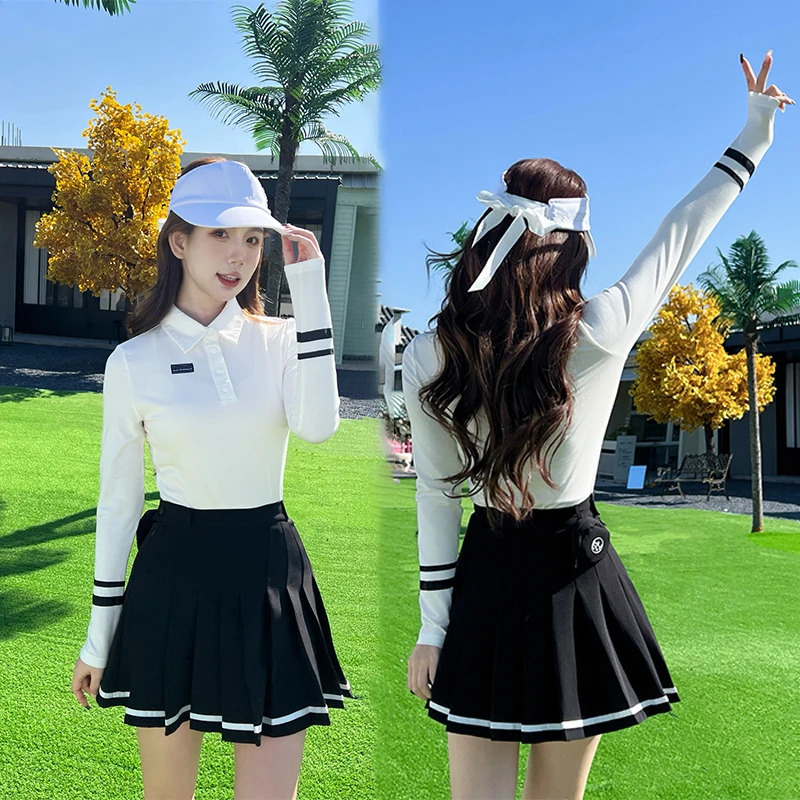 2025 Golf Women Clothing Striped Long Sleeve Shirts Button Collar Sports Tops Spring Pleated Short Skirt Set Korean Tennis Skort 250321