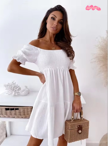 2025 Spring Summer Women's Casual Off-Shoulder Dress with Ruching, Bubble Sleeves, Midi-Length, Stretchy, Elegant Ruffles ddmySept
