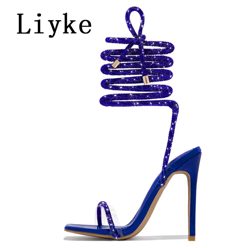 Liyke Fashion Glitter Rhinestones Women Sandals Crystal Ankle Strap High Heels Party Prom Shoes Lady Wedding Stiletto Sandalias 250322