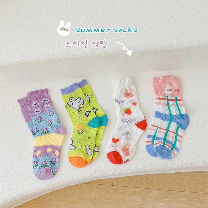 Spring and summer striped rabbit socks for children girls boys grid hollow socks X2503221