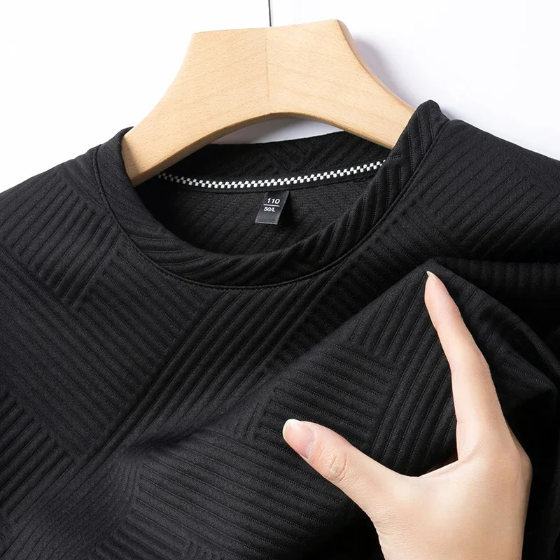 Spring and Autumn Mens Casual Jacquard Long sleeved Round Neck T-shirt Fashion Top 250409