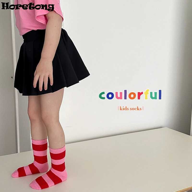 Horetong 3 pairs/batch summer childrens socks 1-12 years old for boys and girls baby cotton fashion breathable stripes contrasting color socks X250322