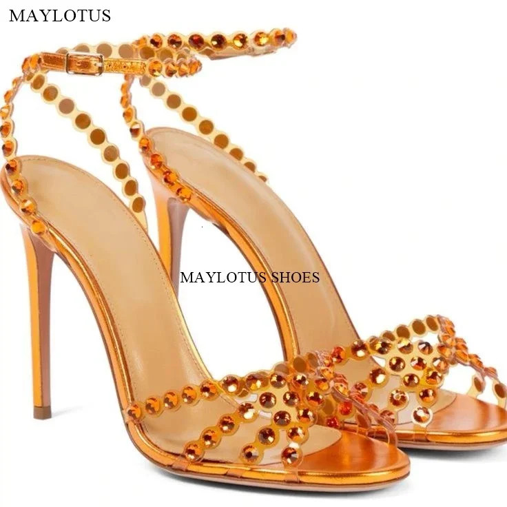 Snc Nude Peep Toe Crystal PVC Sandals Ankle Buckle Strap Thin High Heels Sandals Woman Summer Lady Stilettos Shoes on Heels 250321