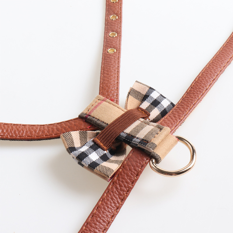 New Product K-shaped Bowknot Dog Harness Set with Two Adjustable Metal Buckles Portable Small Dog Harness, PU Leather Classic Plaid Puppy Harness and 