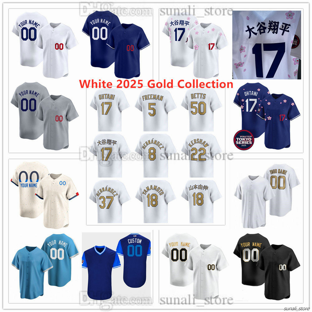 2025 Gold Collection Baseball Jerseys Kanji 17 Shohei Ohtani 18 Yoshinobu Yamamoto 5 Freddie Freeman 50 Mookie Betts 8 37 Hernandez 11 R.Sasaki 16 Will Smith Stitched