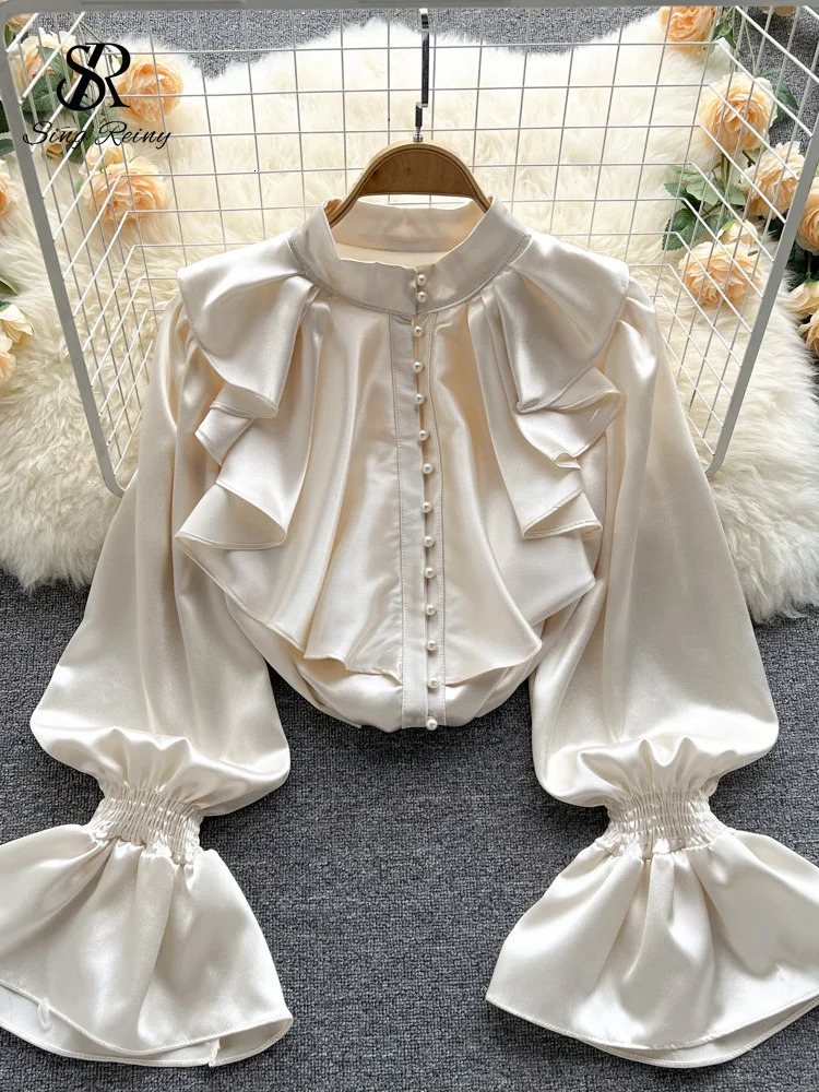 SINGREINY High Quality Satin Loose Shirt Long Flared Sleeves Ruffles O Neck Beading Women Gentle Office Lady Casual Blouse 250322