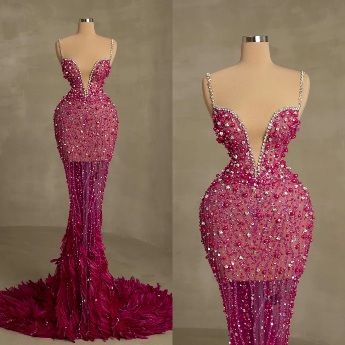 Sparkly Evening Dresses V Neck Spaghetti Strap Sleeveless Gown See Through Feather Sequins Crysta Beaded Sweep Train Party Customized Dress