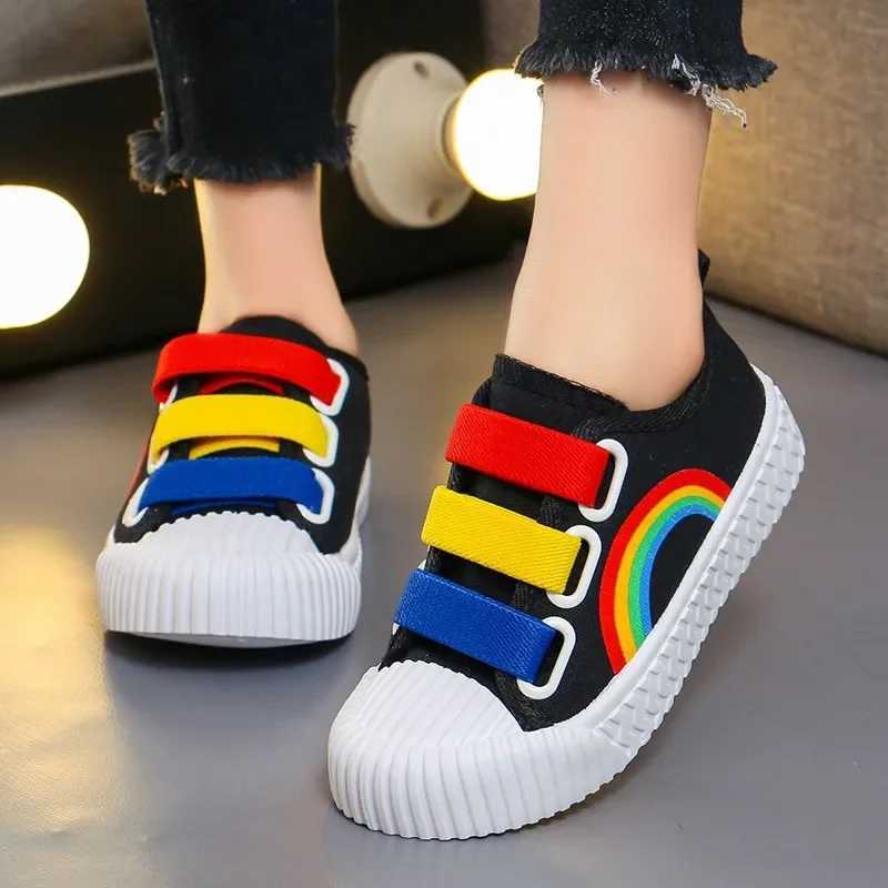 Childrens canvas shoes for boys and girls hook ring flat rainbow shoes childrens sports running for boys spring and autumn breathable casual shoes for
