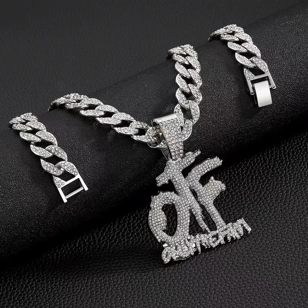 Wholesale hip hop rhinestone alloy bling OTF letter pendant with 15mm cuban link chain necklace 250313