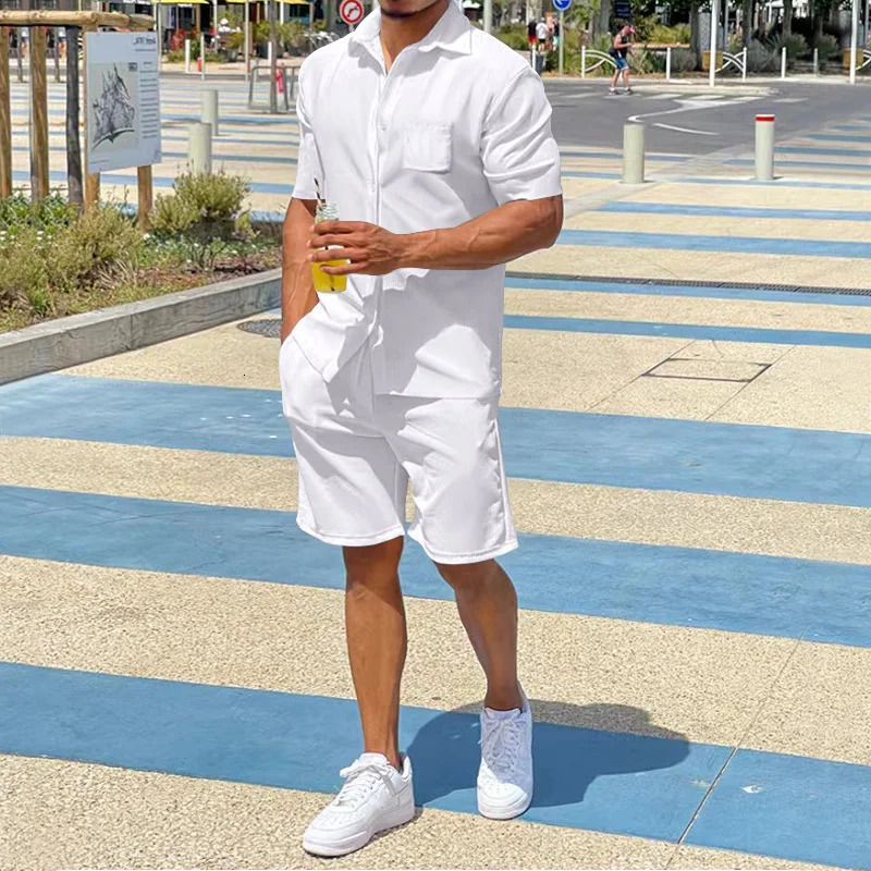 Plus Size 3xl Mens Casual Linen Two Piece Set Single Chest Top Shirt and White Shorts Set 250318