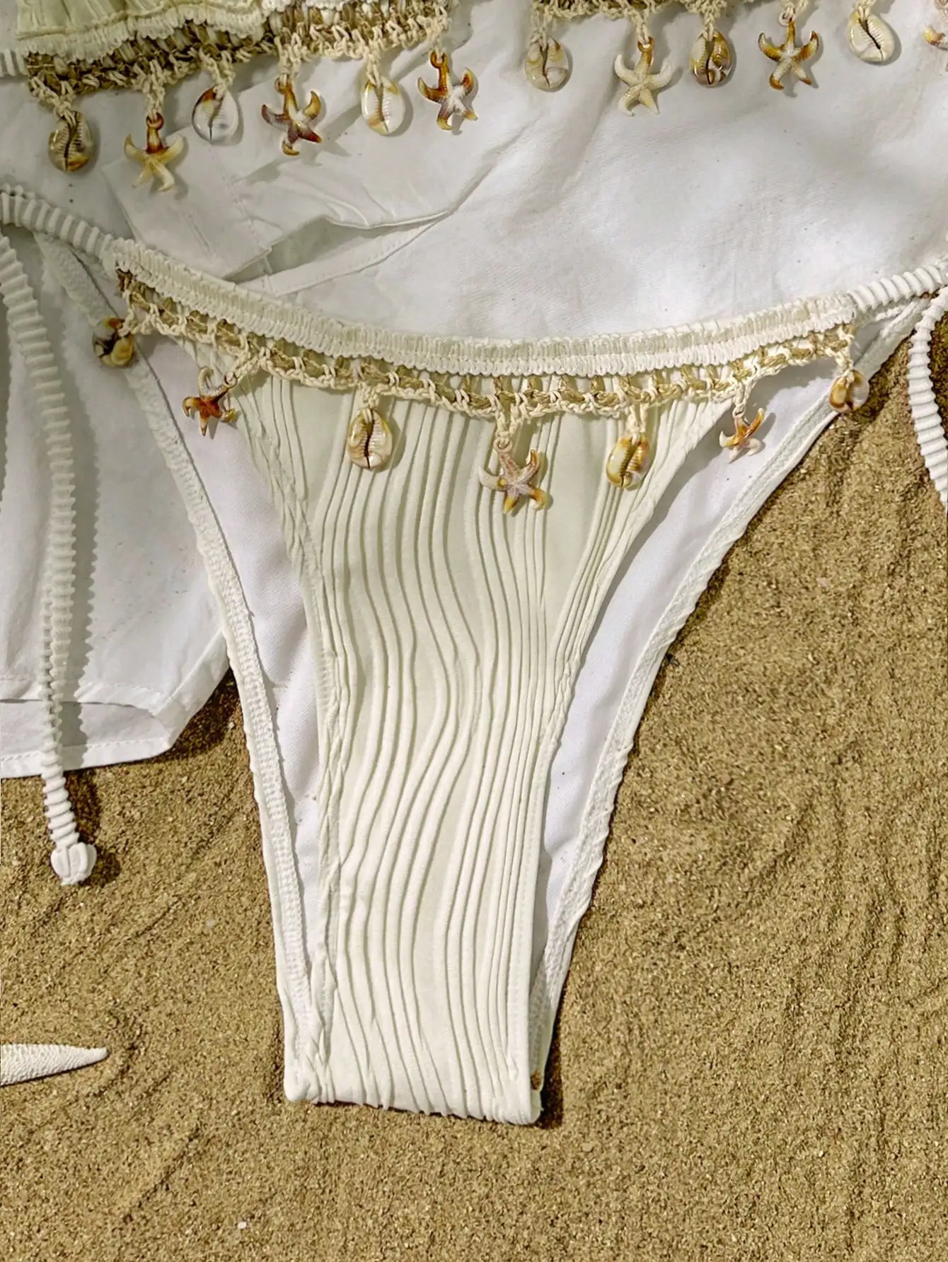 Peachtan Womens solid color textured fabric shell webbing triangle cup bikini set for beach vocation 250317