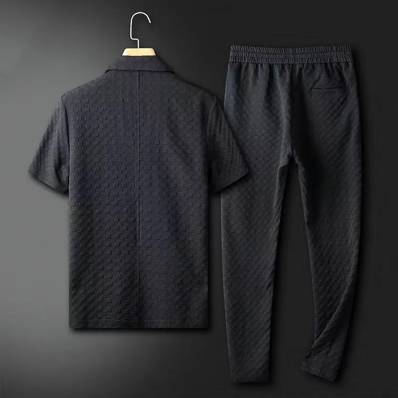 Men's Summer Fashion Tracksuit - Casual Two-Piece Set with Short Sleeves & Solid Geometric Pattern