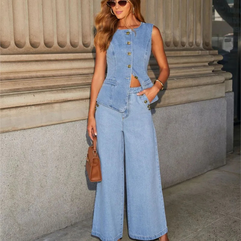 Streetwear denim 2-piece set womens summer clothing womens sleeveless vest top wide leg pants set jeans 2-piece set 250317