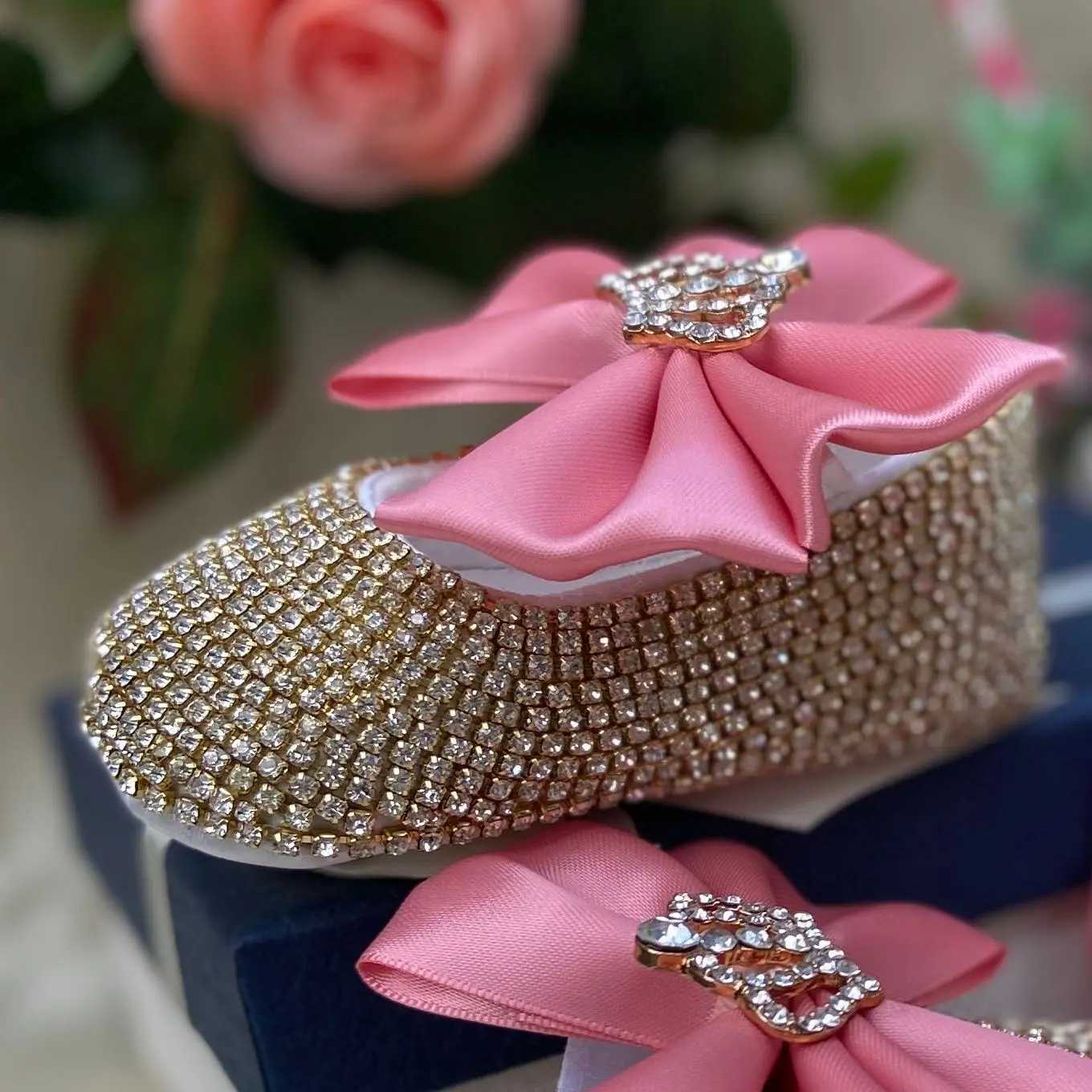 Dollbling Ivory Baby Shoes Headband Set Bling Luxury Diamond Rhintones Red Bottom Little Girl Baptist Shoes X250322