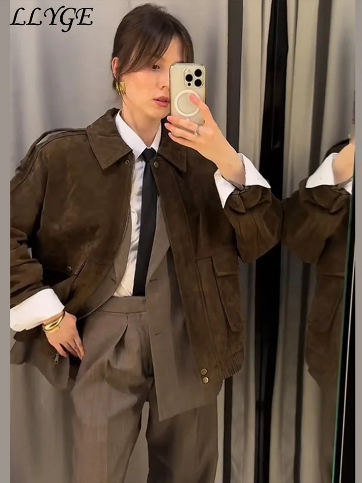 Vintage Womens Suede Bomber Jackets Fashion Lapel Zipper Full Sleeve Pocket Coats 2025 Spring Lady Elegant Casual Outwear 250319