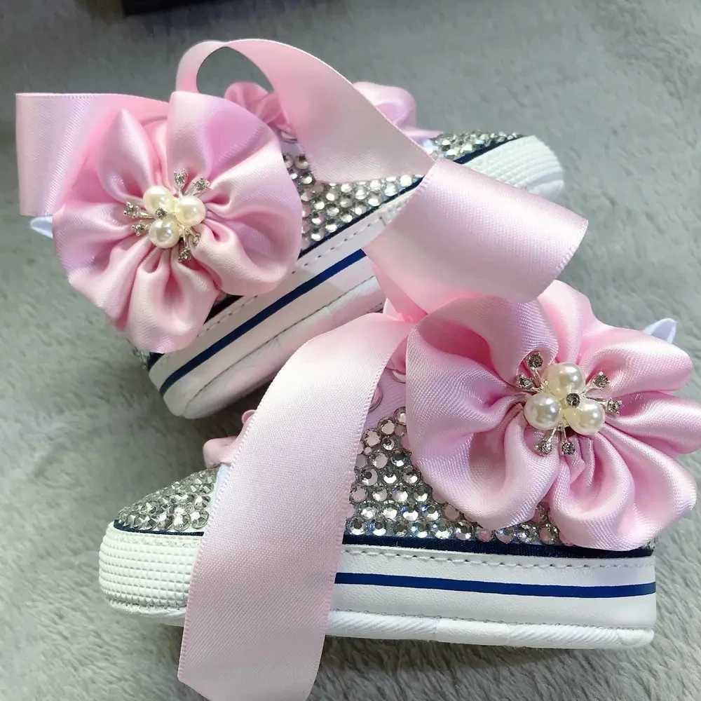 Dollbling Bling Rhinestones baby canvas white ribbon hair bow headband gift Keepsake birthday newborn baby crib shoes pearl X250322