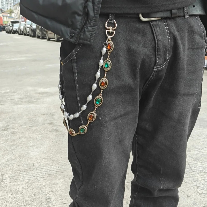 Original Retro Agate Pearl Pants Chain Fashion Mens and Womens One Waist Accessories Minimalist Jewelry Keychain Gift 250319