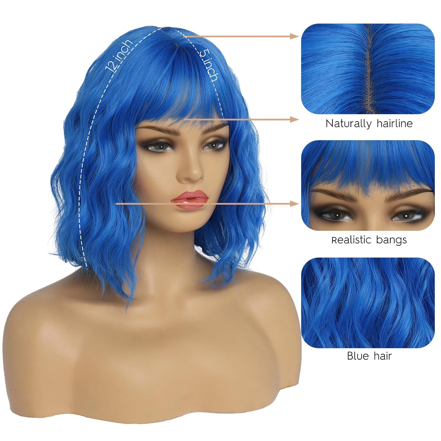 Short Blue Wigs for Women Blue Wavy Bob Wig with Bangs Medium Length Synthetic Hair Water Wave Dark Roots Wig Gray Colorful Wigs