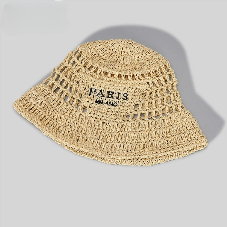 Straw Bucket Hat Braided Cap Embroidered Candy Letters Summer Beach Fashion Sun Hat for Outdoor Casual