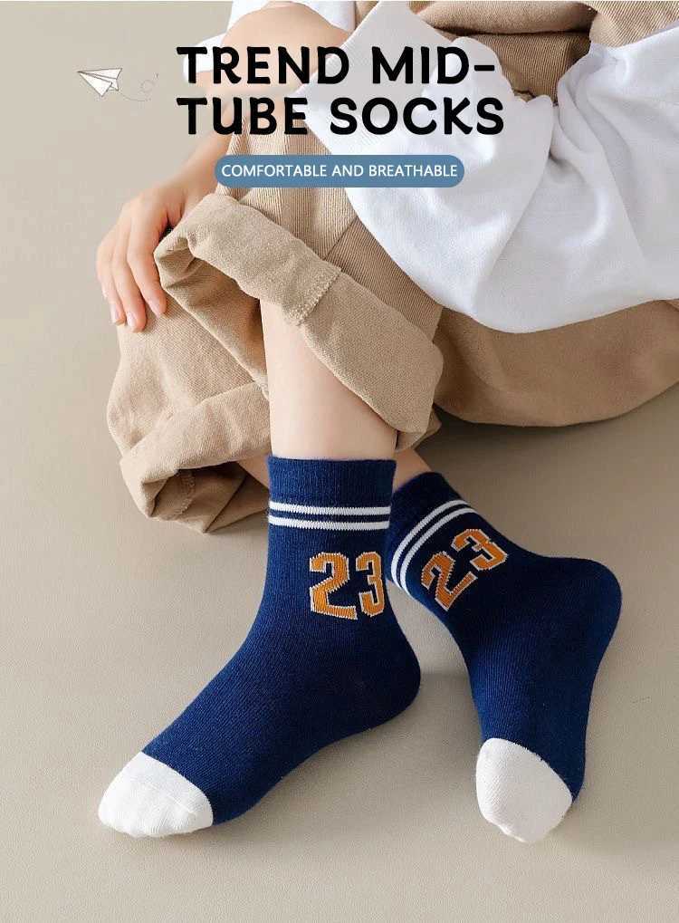 5 pairs of breathable and highly elastic tennis socks series for children aged 1-16 used as basic walking socks accessories for autumn X2503221