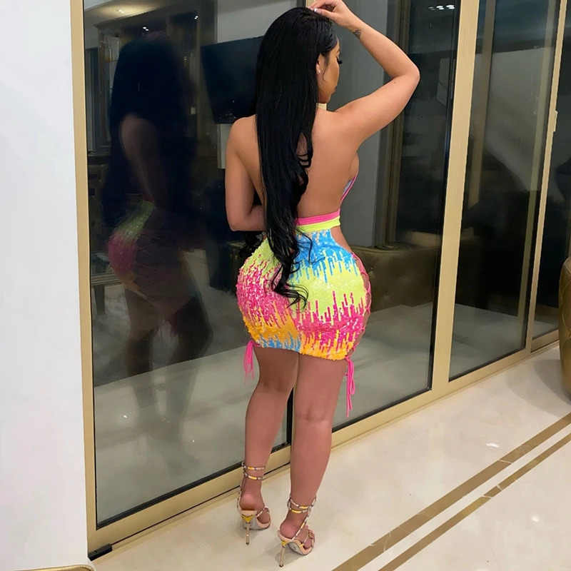 Sexy sequin birthday dress womens party night glitter body mini summer side lace hollow backless nightclub 250320