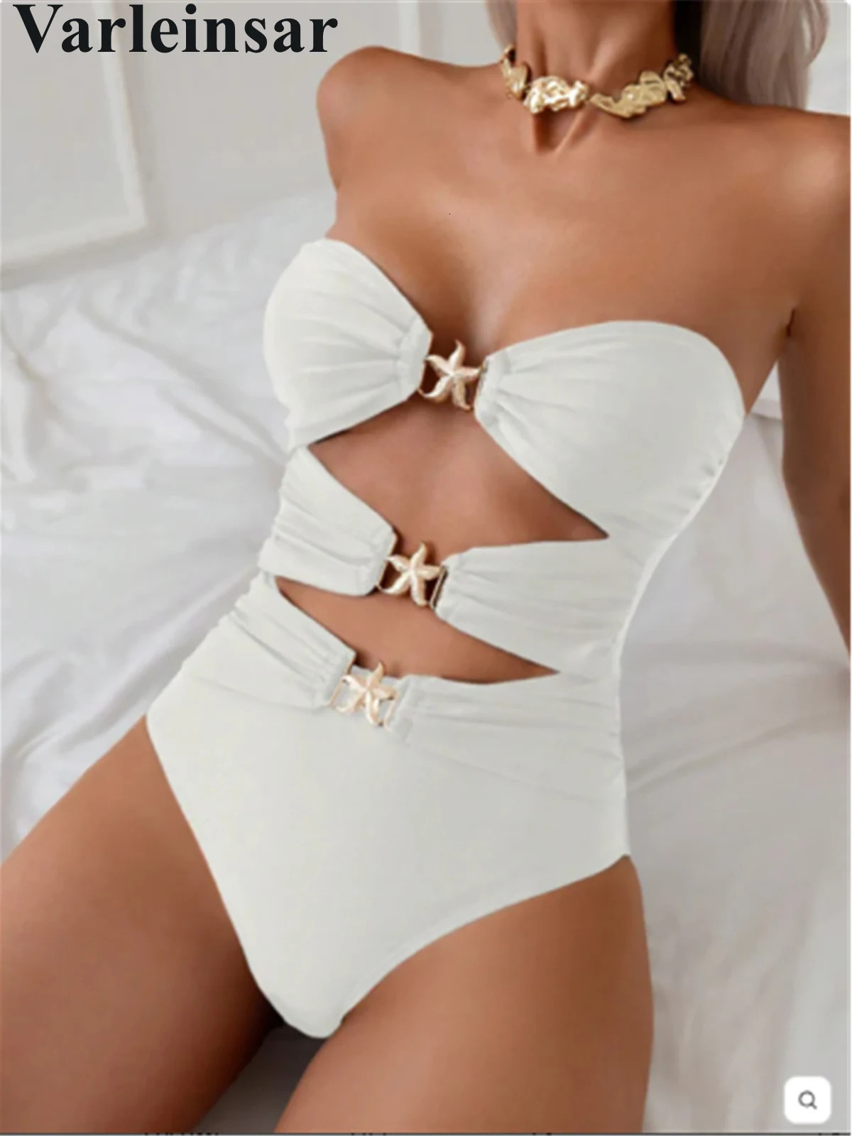 XS - XXL Bandeau Metal Stars High Leg Cut Out Women Swimwear One Piece Swimsuit Female Full Back Bather Bathing Suit Swim V6464 250317